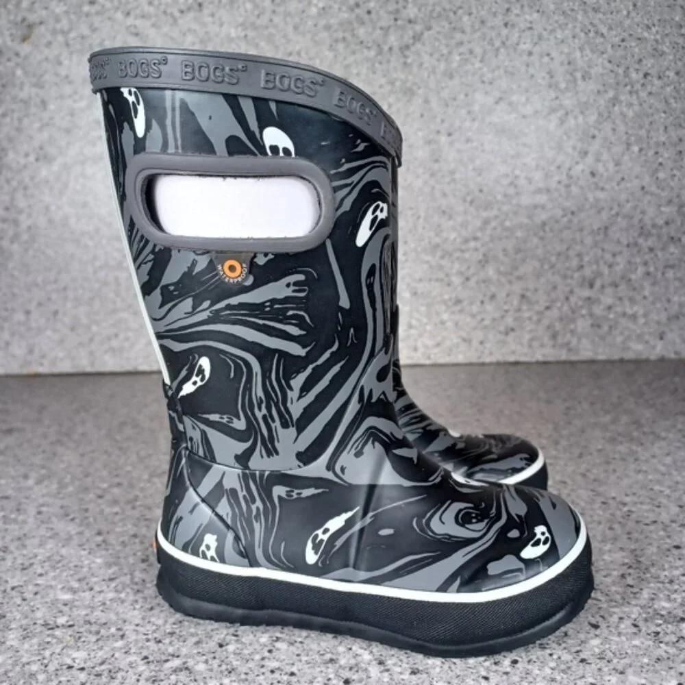 BOGS Rainboot Black Gray Ghost Spooky Kids Waterproof Shoes
